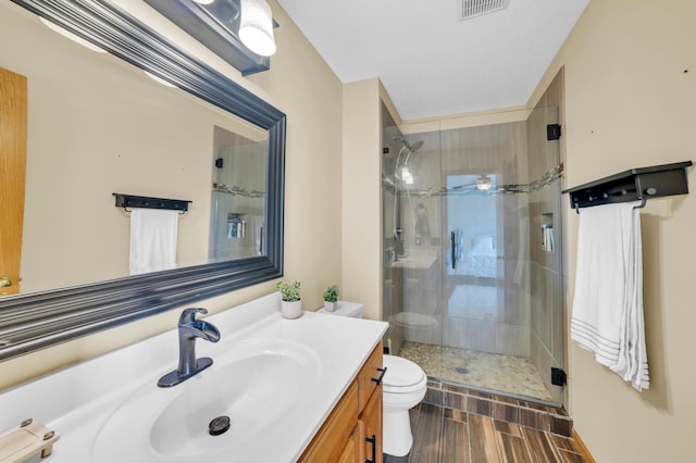 13883 Holly St NW, Andover, MN 55304 - bathroom with toilet, a shower stall, vanity, and wood finished floors