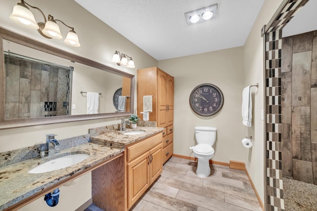 13883 Holly St NW, Andover, MN 55304 - full bathroom featuring vanity, tiled shower, toilet, baseboards, and a textured ceiling