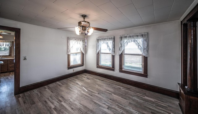 23142 Denmark Ave, Castle Rock Twp, MN 55024 - unfurnished dining area with ceiling fan, plenty of natural light, wood finished floors, and ornamental molding