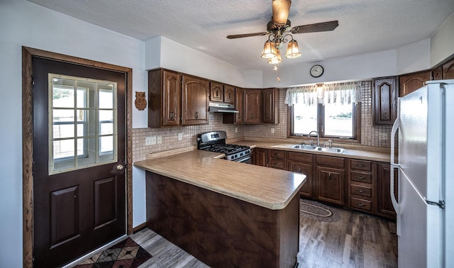 23142 Denmark Ave, Castle Rock Twp, MN 55024 - kitchen with stainless steel gas range, freestanding refrigerator, under cabinet range hood, a sink, and healthy amount of natural light