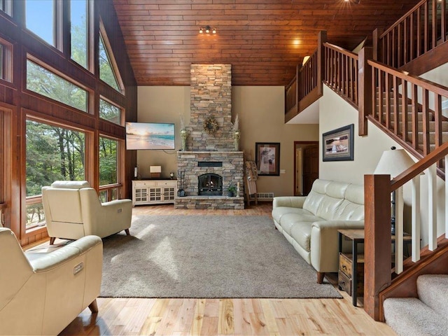 26746 County Road 4, Nisswa, MN 56468 - living area featuring wooden ceiling, stairs, high vaulted ceiling, wood finished floors, and a fireplace