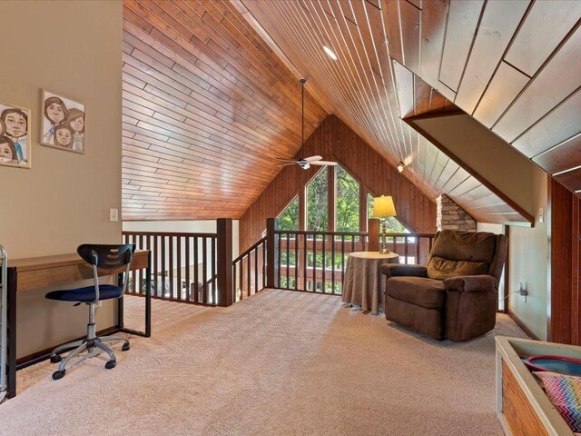 26746 County Road 4, Nisswa, MN 56468 - bonus room featuring wood ceiling, vaulted ceiling, wooden walls, ceiling fan, and carpet flooring