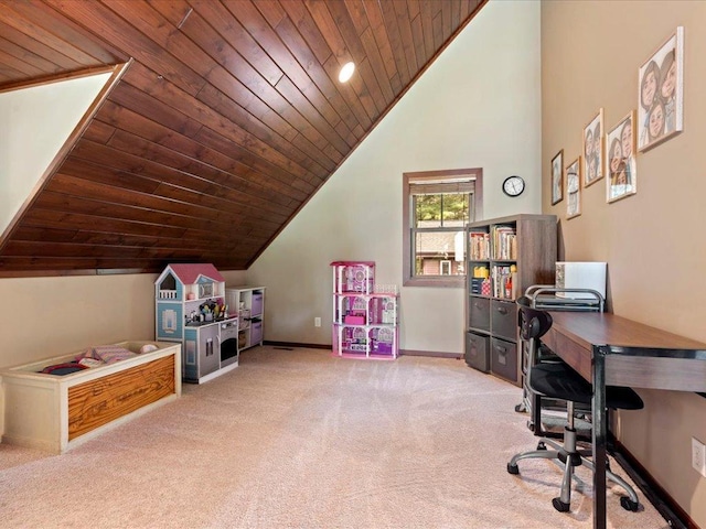 26746 County Road 4, Nisswa, MN 56468 - carpeted office space featuring vaulted ceiling, wooden ceiling, and baseboards