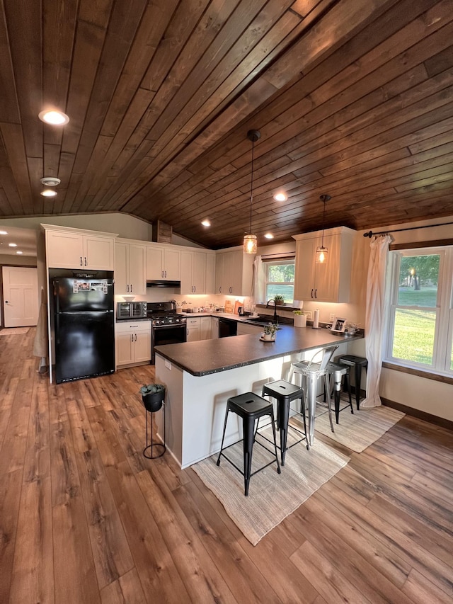 12826 Parview Ln NE, Miltona, MN 56354 - kitchen featuring black appliances, a sink, a peninsula, under cabinet range hood, and lofted ceiling