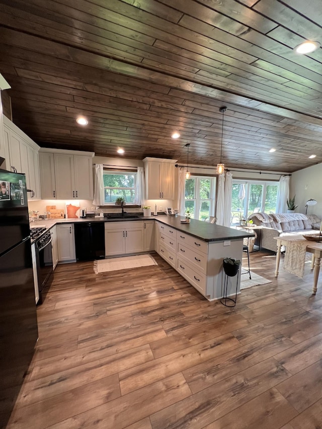12826 Parview Ln NE, Miltona, MN 56354 - kitchen featuring black appliances, a sink, a peninsula, wooden ceiling, and open floor plan