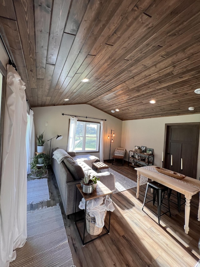 12826 Parview Ln NE, Miltona, MN 56354 - living area featuring lofted ceiling, wooden ceiling, wood finished floors, and recessed lighting