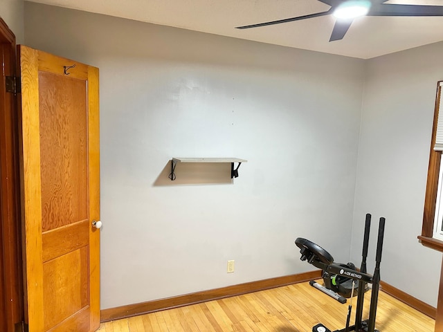 1429 Circle Dr, Albert Lea, MN 56007 - workout room with ceiling fan, light wood-type flooring, and baseboards