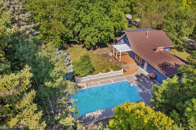 view from above of property featuring a pool