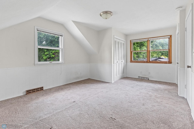 bonus room featuring wainscoting, carpet floors, and vaulted ceiling