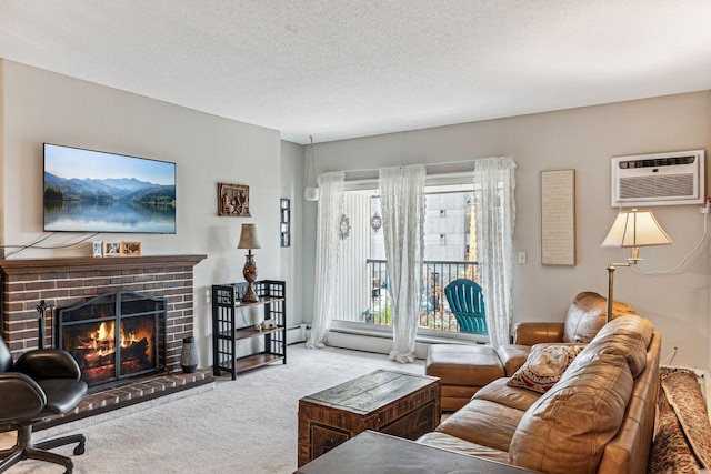 4860 Park Commons Dr Unit 309, Saint Louis Park, MN 55416 - carpeted living room featuring a wall mounted AC, a brick fireplace, and a textured ceiling