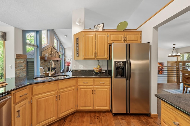 kitchen featuring appliances with stainless steel finishes, a sink, dark stone countertops, and dark wood finished floors