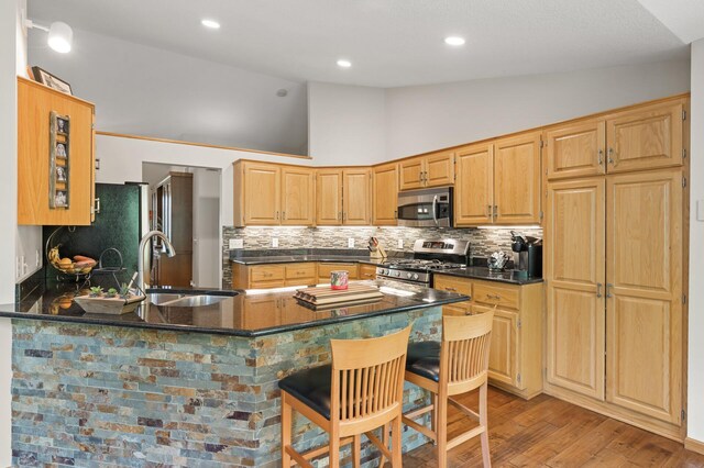 kitchen with appliances with stainless steel finishes, a sink, dark countertops, light wood finished floors, and decorative backsplash