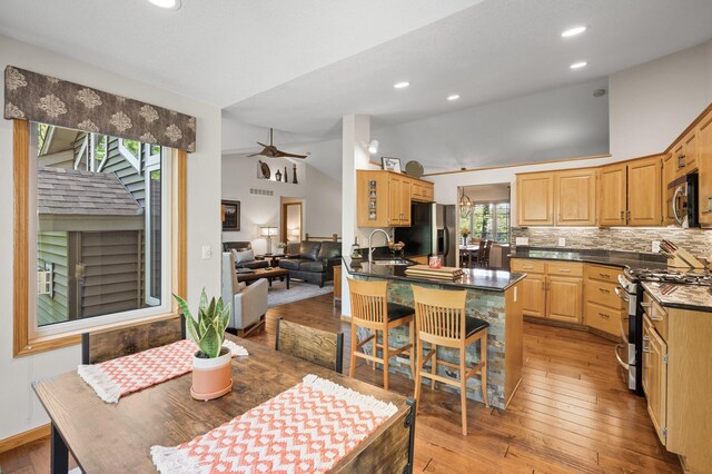 kitchen featuring appliances with stainless steel finishes, vaulted ceiling, a sink, light wood-style flooring, and dark countertops