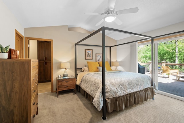 bedroom with lofted ceiling, access to exterior, light colored carpet, and ceiling fan