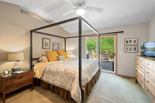 bedroom with access to outside, light carpet, vaulted ceiling, a ceiling fan, and baseboards