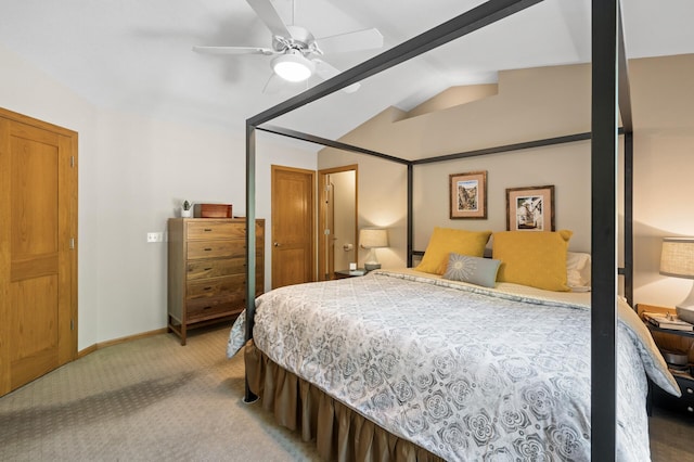 bedroom featuring carpet, vaulted ceiling, baseboards, and a ceiling fan