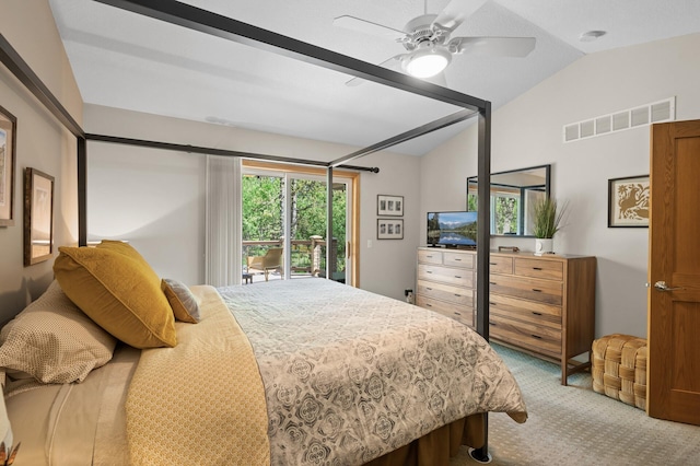 bedroom featuring vaulted ceiling, carpet floors, a ceiling fan, and access to outside