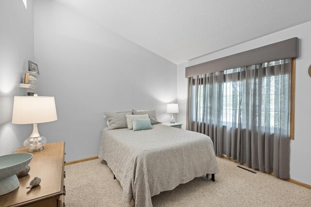 bedroom featuring lofted ceiling, carpet, and baseboards