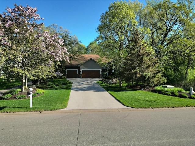 view of property hidden behind natural elements featuring a garage, driveway, and a front lawn