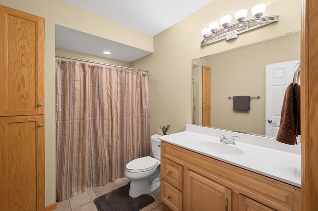bathroom featuring tile patterned flooring, toilet, vanity, and a shower with shower curtain