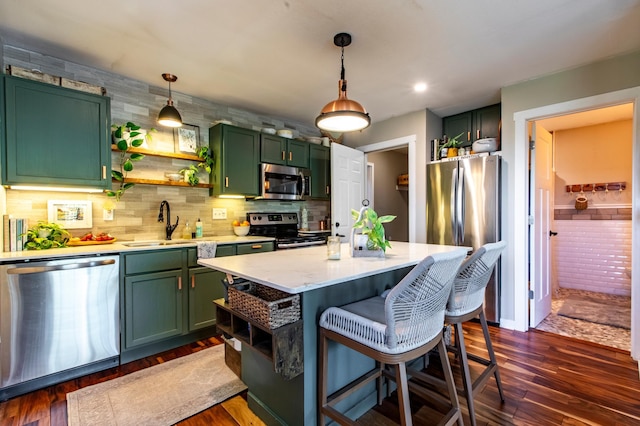 6385 13th Ave NW, Rochester, MN 55901 - kitchen with appliances with stainless steel finishes, green cabinets, open shelves, a sink, and backsplash