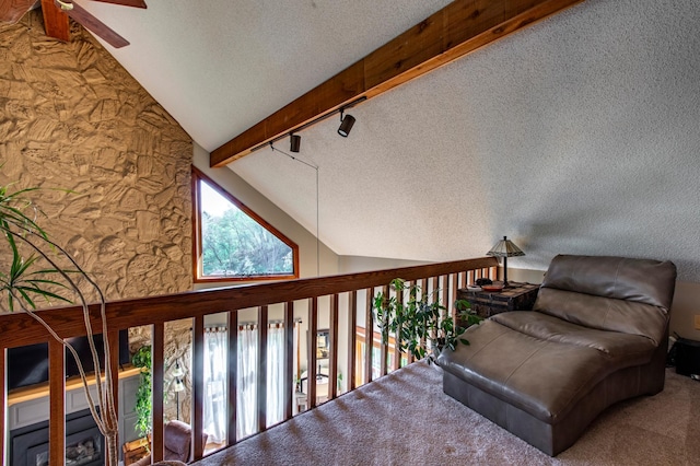 6385 13th Ave NW, Rochester, MN 55901 - living area with a ceiling fan, high vaulted ceiling, a textured ceiling, and beamed ceiling