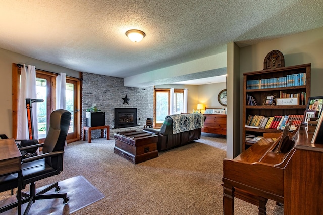 6385 13th Ave NW, Rochester, MN 55901 - carpeted bedroom with a textured ceiling, multiple windows, a large fireplace, and an office area