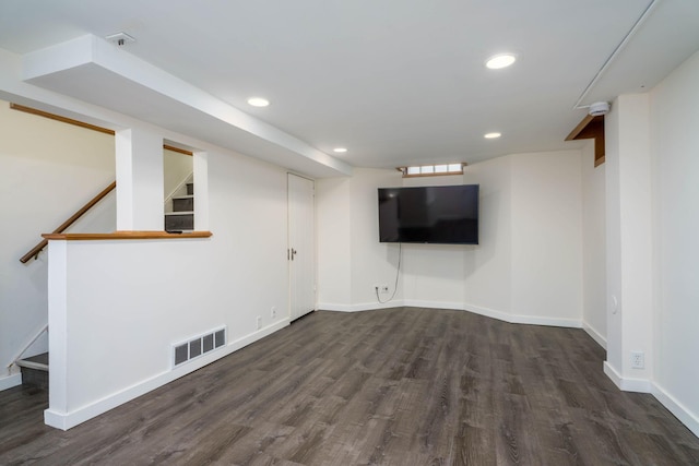 623 Fairview Ave S, Saint Paul, MN 55116 - finished below grade area featuring stairs, dark wood-style flooring, and recessed lighting