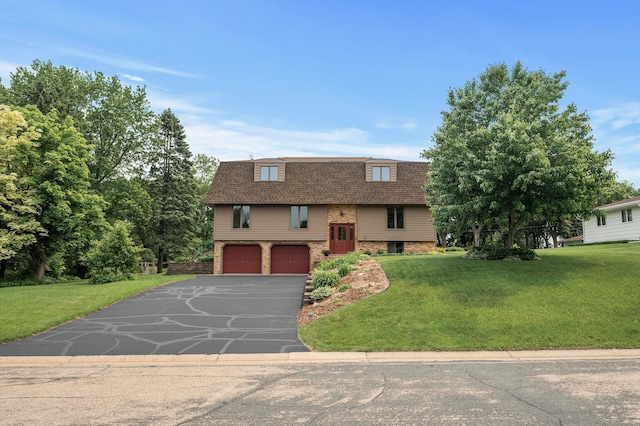 4824 Eriks Blvd, Eagan, MN 55122 - view of front of house with mansard roof, a shingled roof, driveway, an attached garage, and a front yard