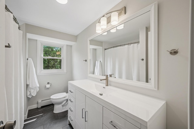 4824 Eriks Blvd, Eagan, MN 55122 - bathroom with baseboard heating, vanity, toilet, baseboards, and tile patterned floors