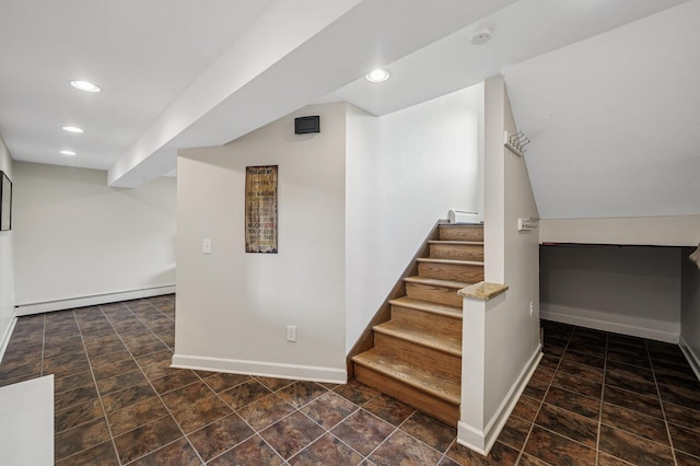 4824 Eriks Blvd, Eagan, MN 55122 - stairway featuring a baseboard heating unit, baseboards, recessed lighting, and stone finish floors