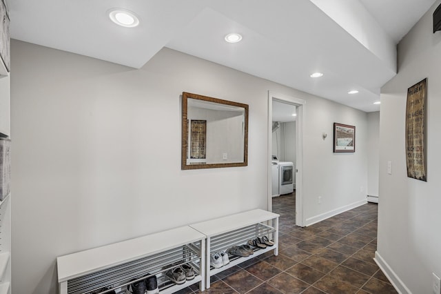 4824 Eriks Blvd, Eagan, MN 55122 - corridor with washer / clothes dryer, baseboards, recessed lighting, a baseboard radiator, and stone finish floors