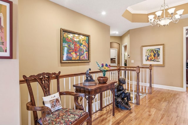 130 Stonebridge Rd, Lilydale, MN 55118 - corridor featuring a chandelier, light wood-type flooring, an upstairs landing, baseboards, and recessed lighting