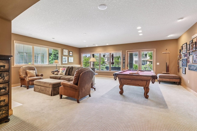 130 Stonebridge Rd, Lilydale, MN 55118 - recreation room with carpet flooring, a textured ceiling, billiards, recessed lighting, and baseboards