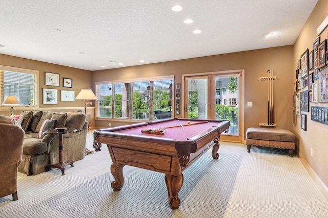 130 Stonebridge Rd, Lilydale, MN 55118 - recreation room featuring light carpet, recessed lighting, healthy amount of natural light, billiards table, and a textured ceiling