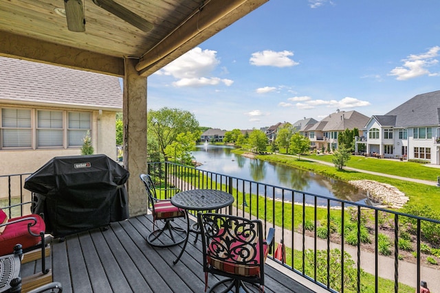 130 Stonebridge Rd, Lilydale, MN 55118 - wooden deck featuring a water view, a residential view, area for grilling, and a ceiling fan