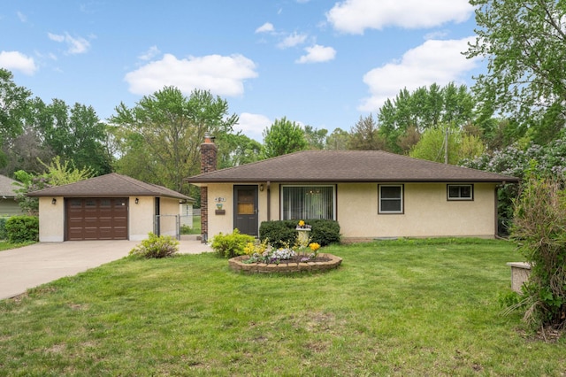 view of front of house featuring a chimney, a garage, concrete driveway, and stucco siding