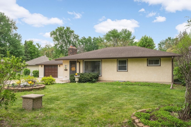 ranch-style house featuring an attached garage, a chimney, a front lawn, and stucco siding