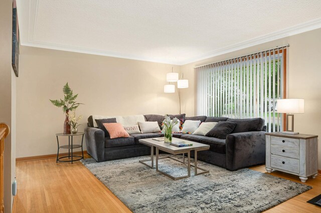living room featuring wood finished floors, baseboards, and crown molding