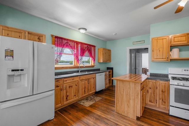 3592 Blom Lake Dr, Frederic, WI 54837 - kitchen featuring white appliances, a sink, dark wood-style floors, ceiling fan, and open shelves