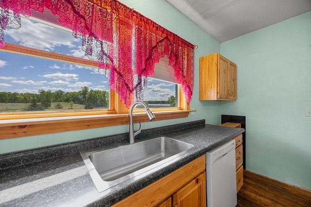 3592 Blom Lake Dr, Frederic, WI 54837 - kitchen featuring dishwasher, a sink, dark countertops, dark wood-style flooring, and brown cabinets