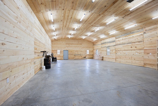 3592 Blom Lake Dr, Frederic, WI 54837 - spare room featuring vaulted ceiling, concrete flooring, wood walls, and wooden ceiling