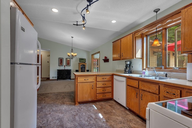 28443 133rd St NW, Baldwin Twp, MN 55398 - kitchen with white appliances, a peninsula, vaulted ceiling, a chandelier, and a textured ceiling