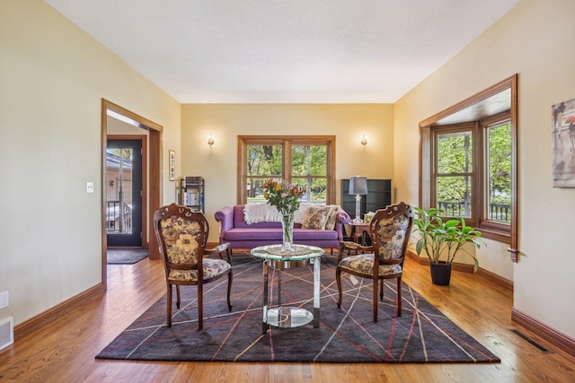 living area featuring plenty of natural light, baseboards, and wood finished floors