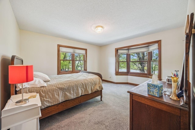 carpeted bedroom featuring multiple windows, baseboards, and a textured ceiling