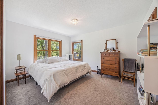 bedroom with light carpet and a textured ceiling