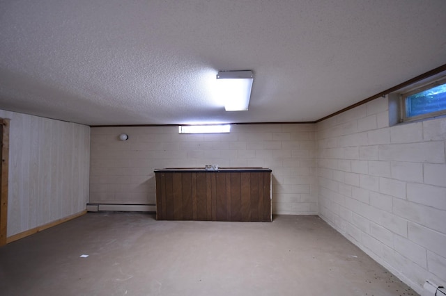 536 3rd Ave, Wanamingo, MN 55983 - finished below grade area featuring a textured ceiling, a baseboard radiator, and concrete block wall