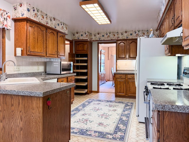1626 Diane Rd, Mendota Heights, MN 55118 - kitchen with range with gas stovetop, under cabinet range hood, a sink, stainless steel microwave, and decorative backsplash