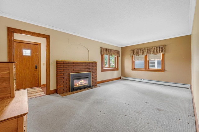209 Main St, Arlington, MN 55307 - unfurnished living room featuring a baseboard radiator, ornamental molding, carpet, a brick fireplace, and baseboards