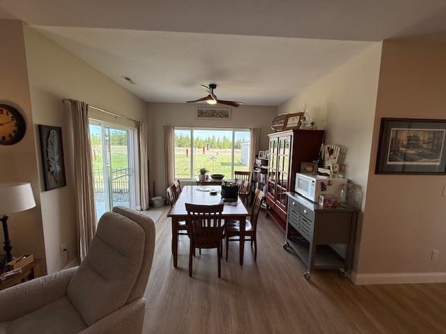2008 Whiting Rd NW Unit 26, Bemidji, MN 56601 - dining area featuring wood finished floors, a ceiling fan, and baseboards